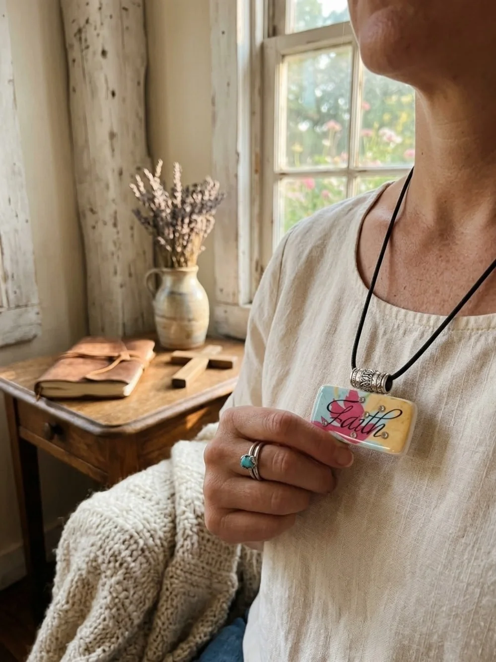 Handmade reversible 'Faith' Pendant Necklace and Domino piece on other side